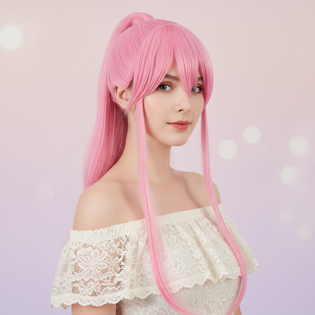 Model showcasing long ponytail cosplay wig bright pink high ponytail heat resistant anime hair