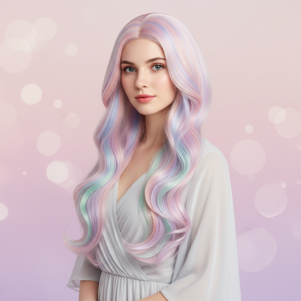 Model showcasing clip in color hair extensions pastel rainbow cosplay streaks set