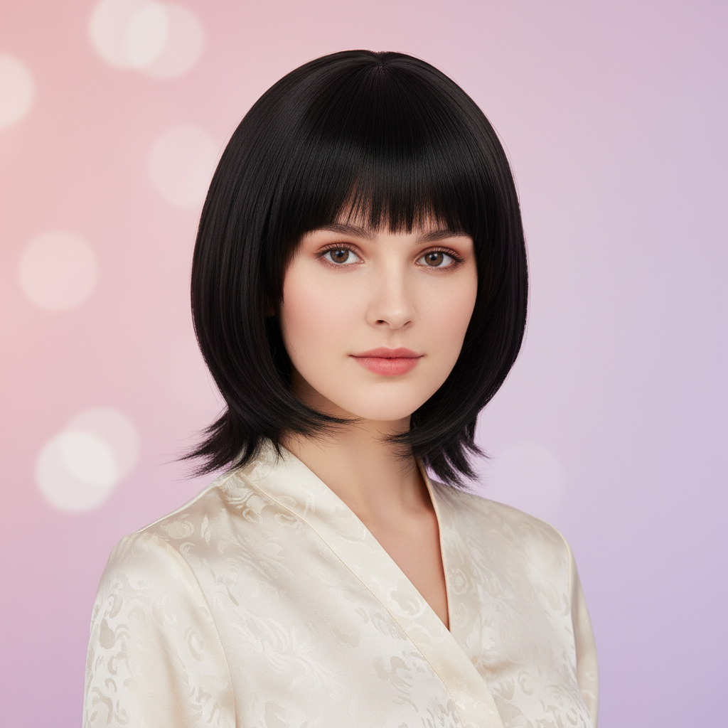 Model showcasing clip in cosplay bangs jet black fringe hair piece heat resistant
