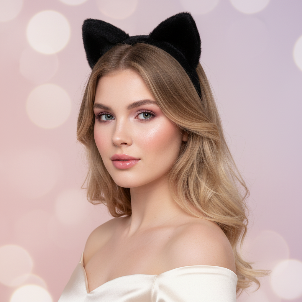 Model showcasing plush cat ears headband cosplay costume kitty ears one size
