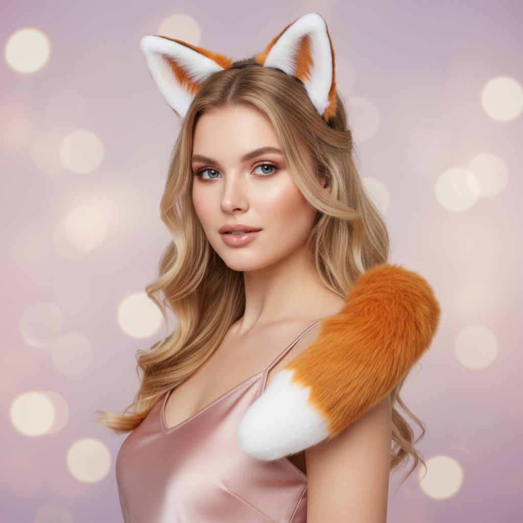 Model showcasing fox ears and tail set cosplay costume kitsune ears and fluffy tail
