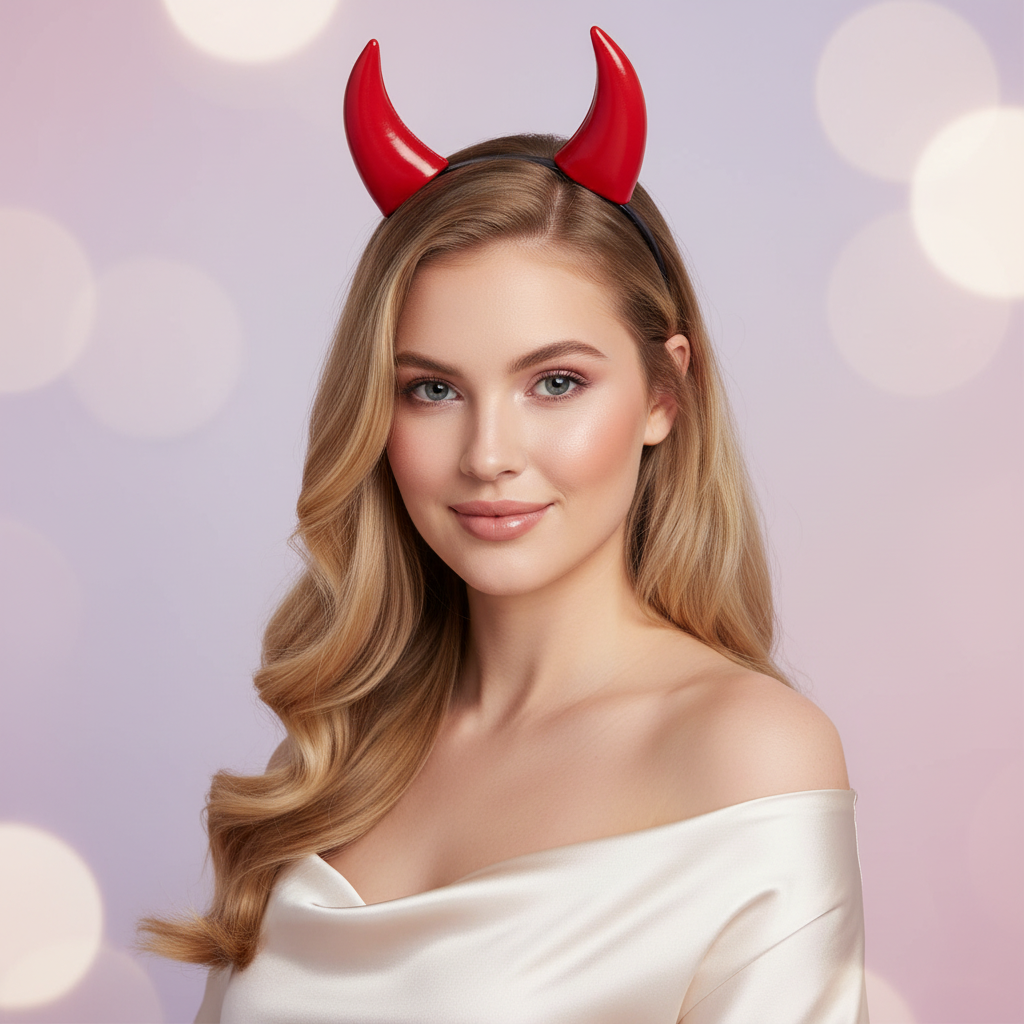 Model showcasing devil horns headband red cosplay costume horns one size