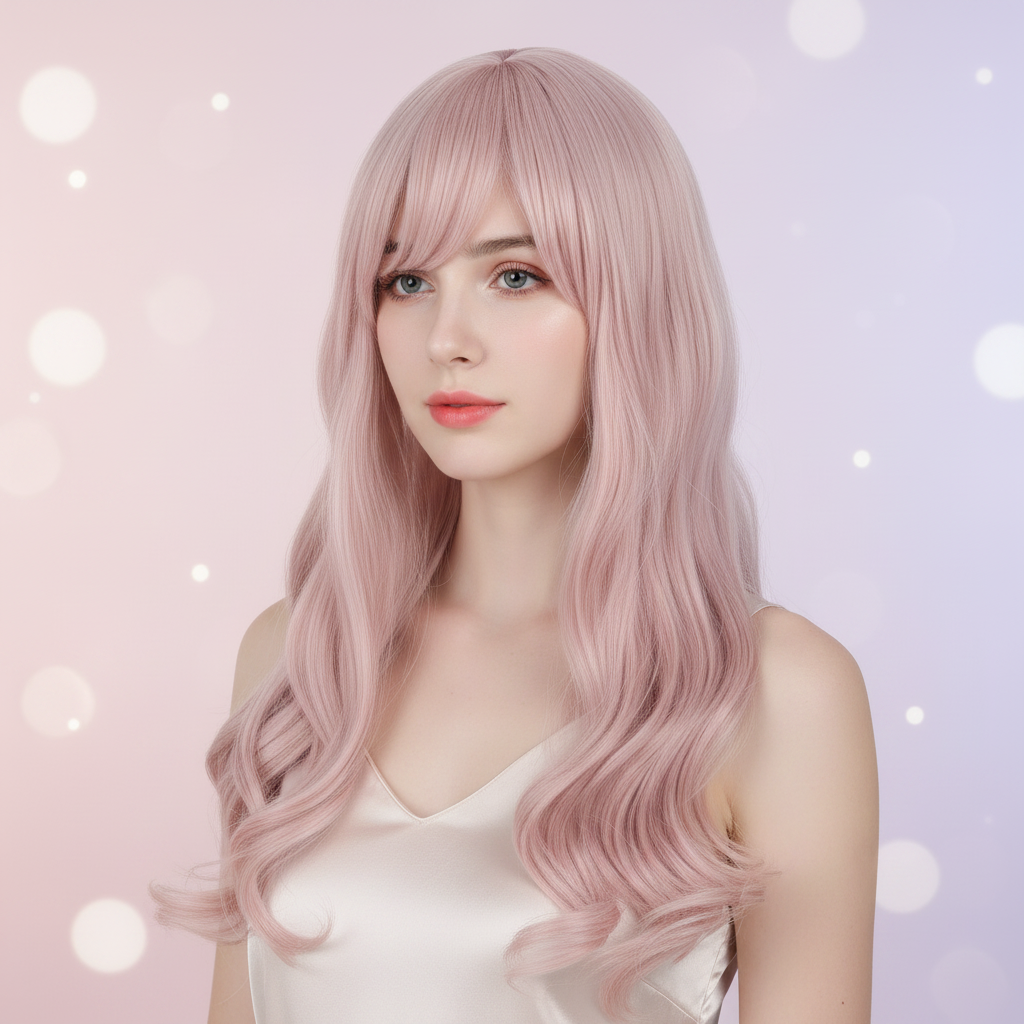Model showcasing sakura pink long wavy cosplay wig 26 heat resistant anime costume hair