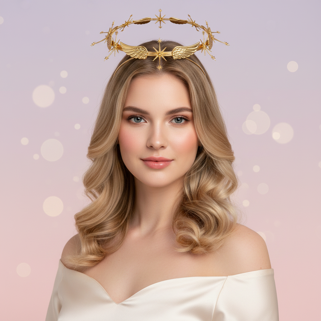 Model showcasing angel halo headband gold cosplay costume halo one size