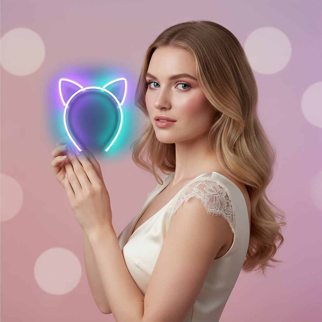 Model showcasing led light up cat ears headband glowing neon cosplay rave ears rechargeable