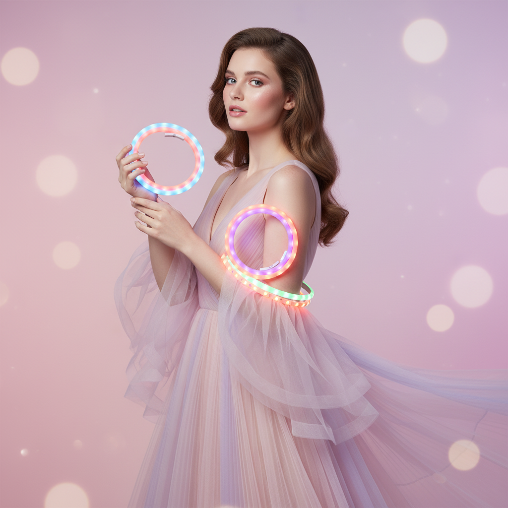 Model showcasing led glow bracelet set light up cosplay rave wristbands color changing