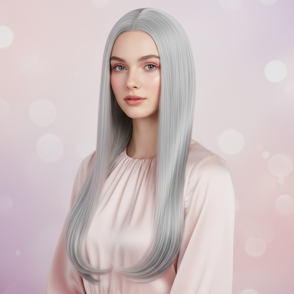 Model showcasing silver white long straight cosplay wig 40 heat resistant anime costume hair