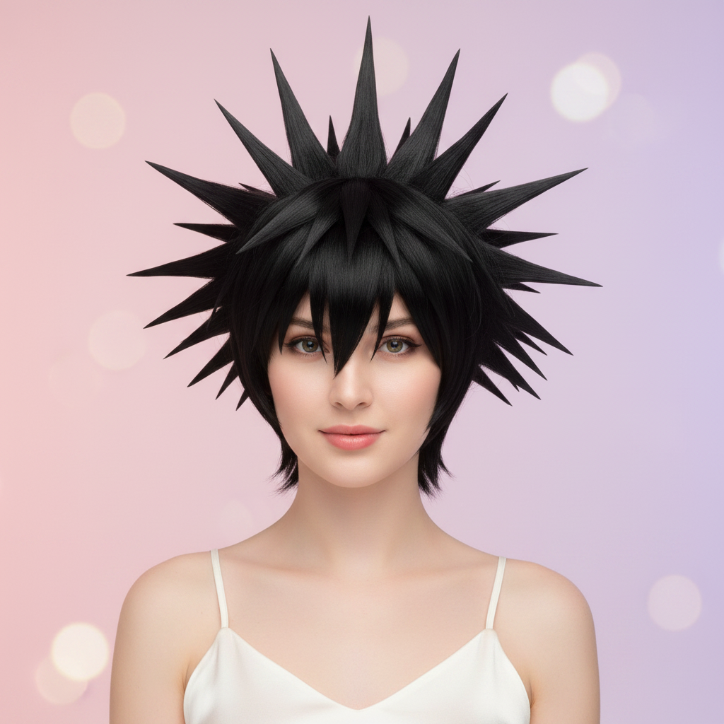 Model showcasing jet black short spiky cosplay wig heat resistant anime costume hair