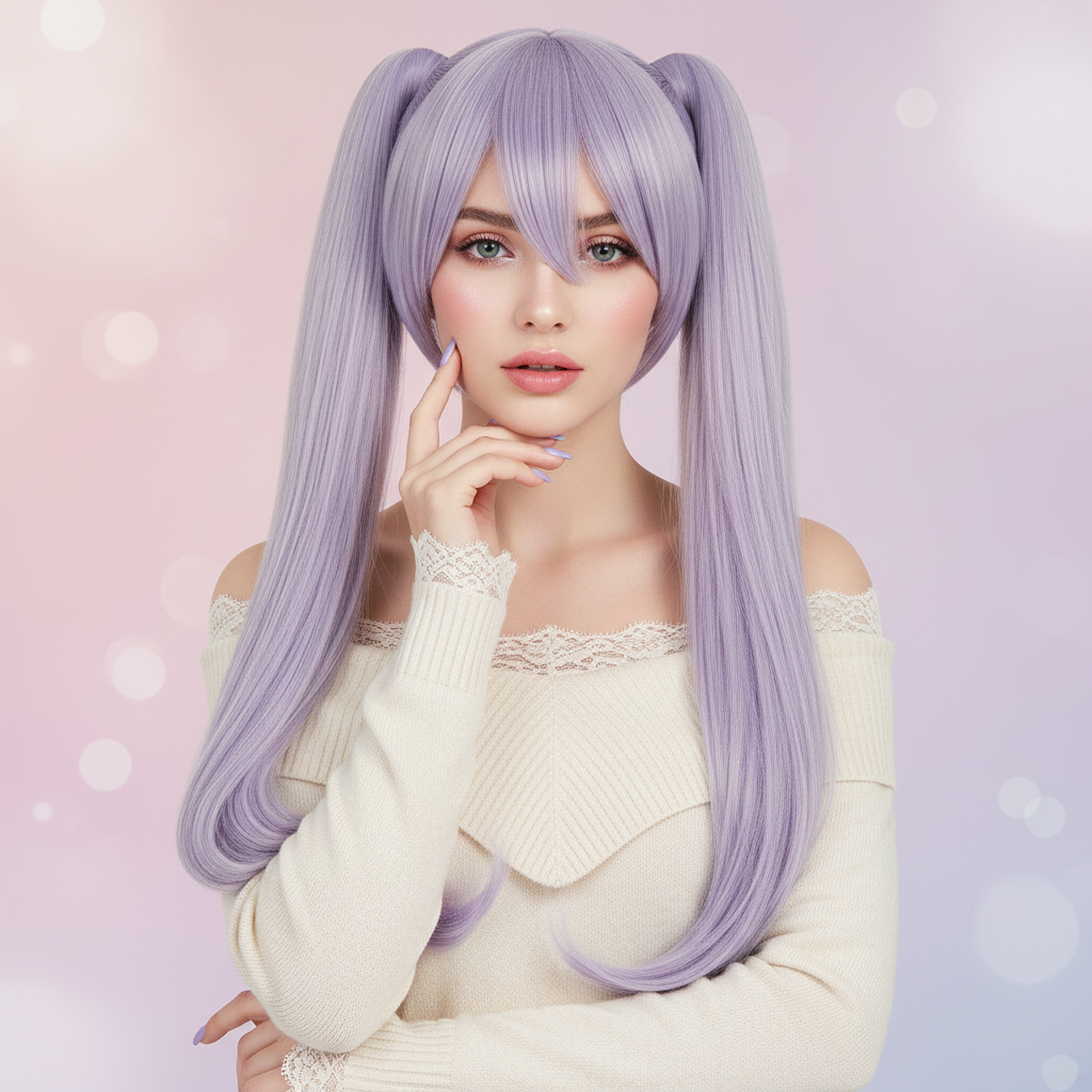 Model showcasing lavender twin tail cosplay wig long pigtails heat resistant anime hair