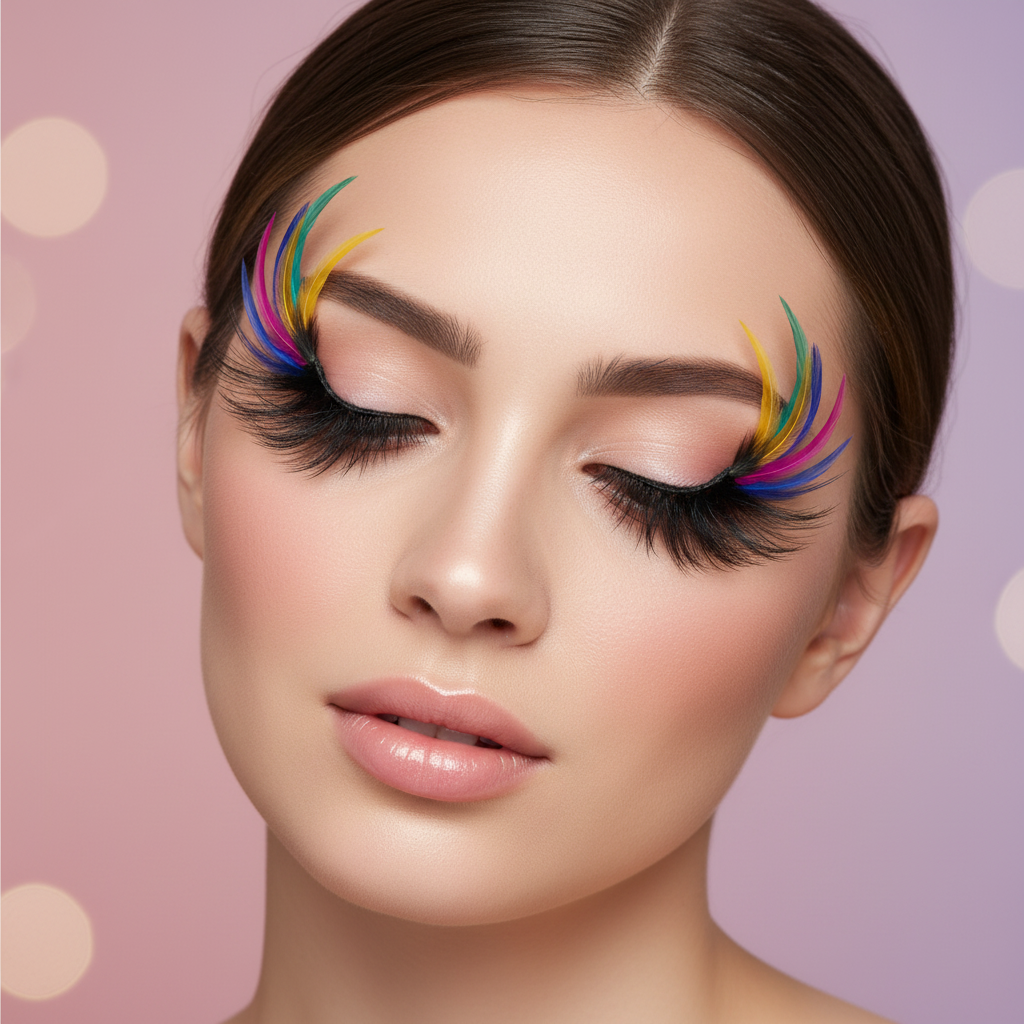Model showcasing feather accent cosplay false eyelashes colorful dramatic stage lashes reusable