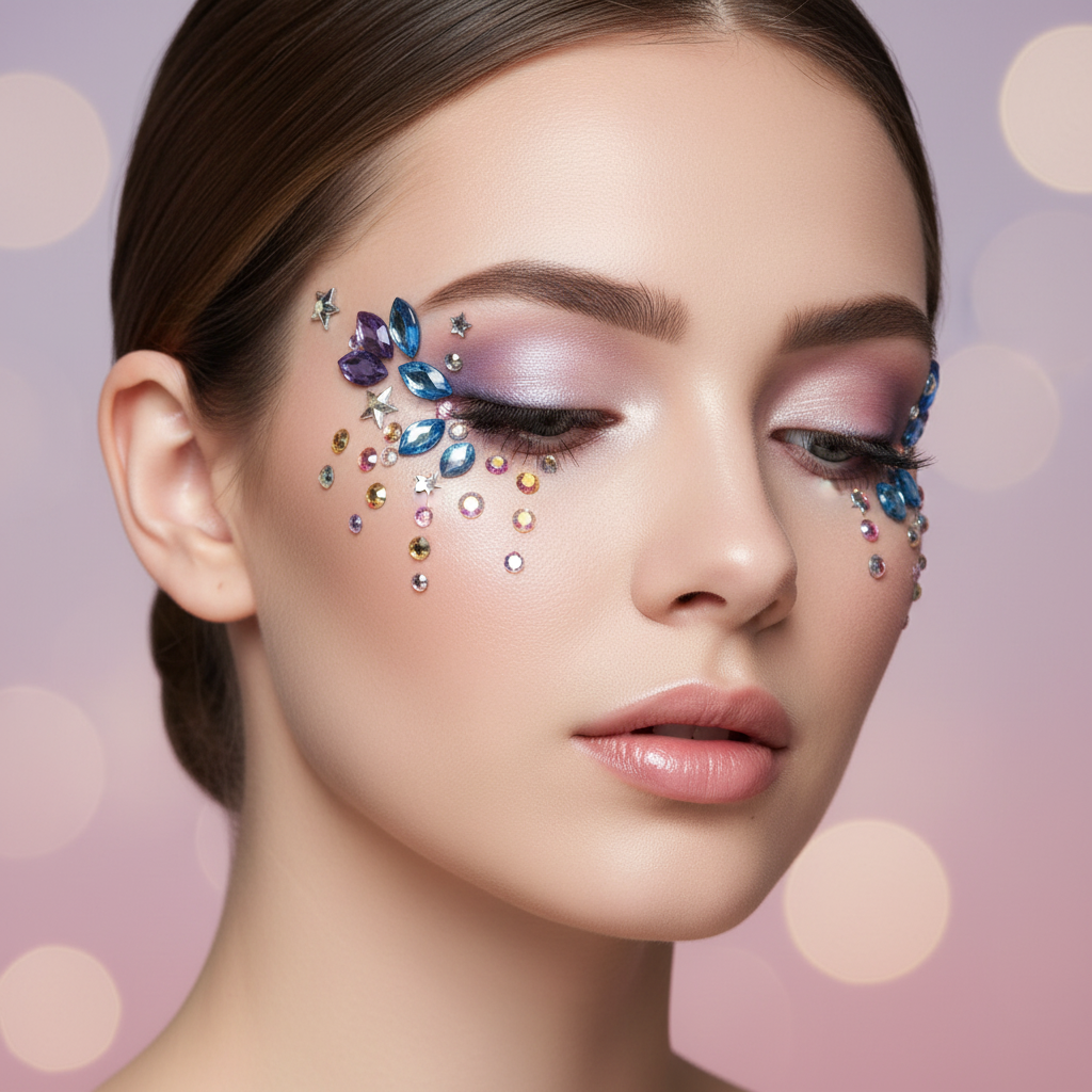 Model showcasing cosplay face gems rhinestone stickers self adhesive festival face jewels sheet