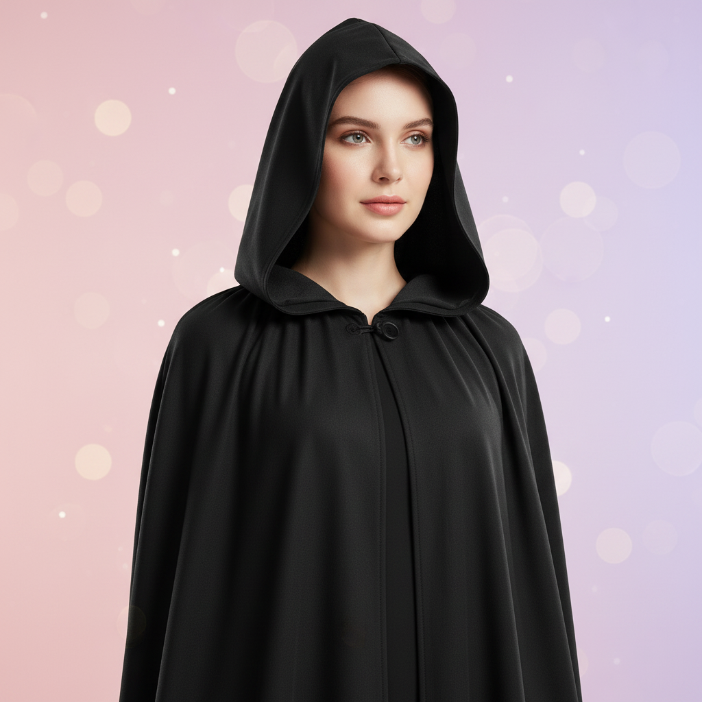 Model showcasing hooded cosplay cape cloak long black hooded cloak for costume halloween