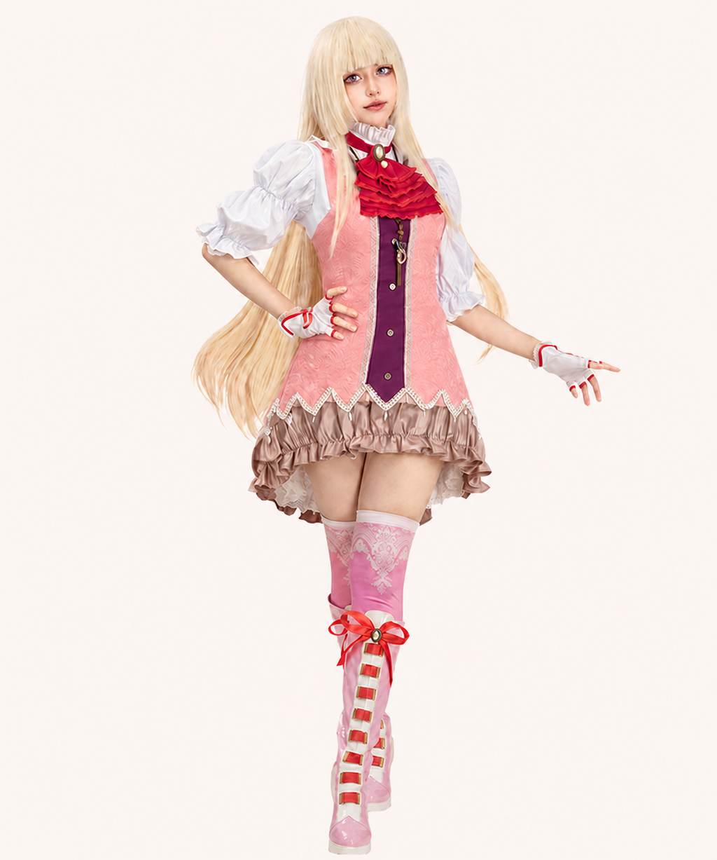 CosNova Rose Court pink ruffle cosplay costume full-body hero view on a warm ivory background
