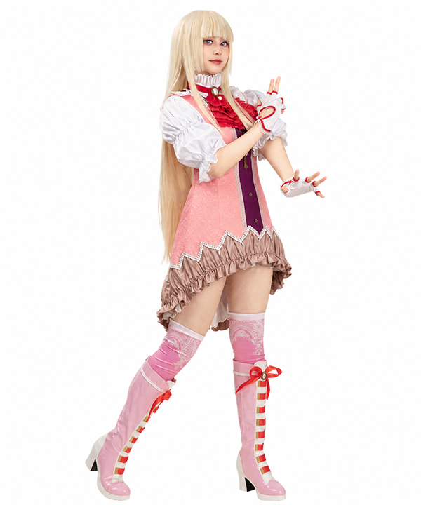 CosNova Rose Court pink ruffle cosplay costume three-quarter model view