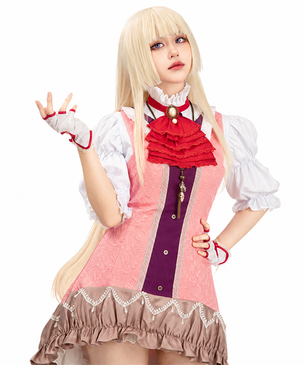 CosNova Rose Court pink ruffle costume front bodice and skirt detail