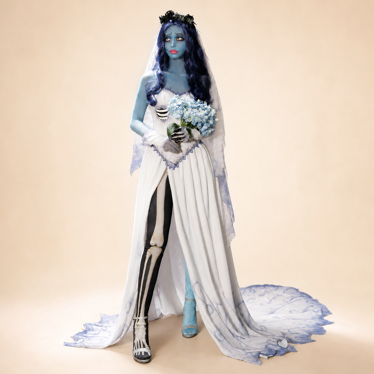 CosNova spectral bride gothic wedding dress costume on a warm ivory studio background
