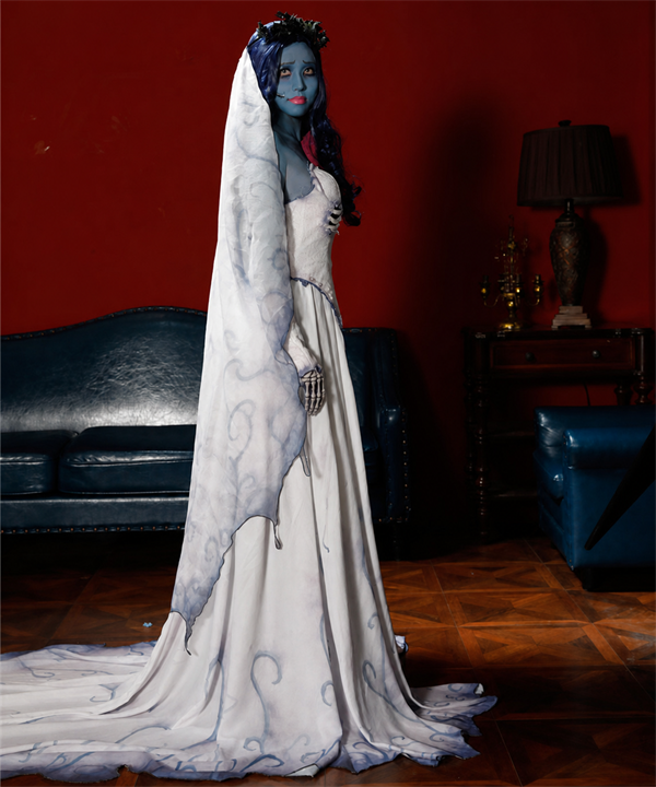 CosNova spectral bride costume veil and long train profile view