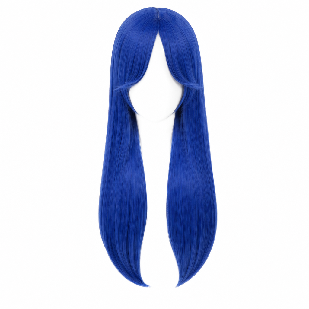 Cobalt blue long straight cosplay wig front view on white background