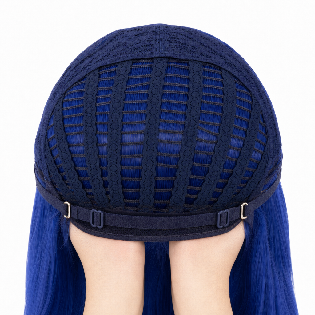Inside of cosplay wig showing breathable mesh cap and adjustable straps