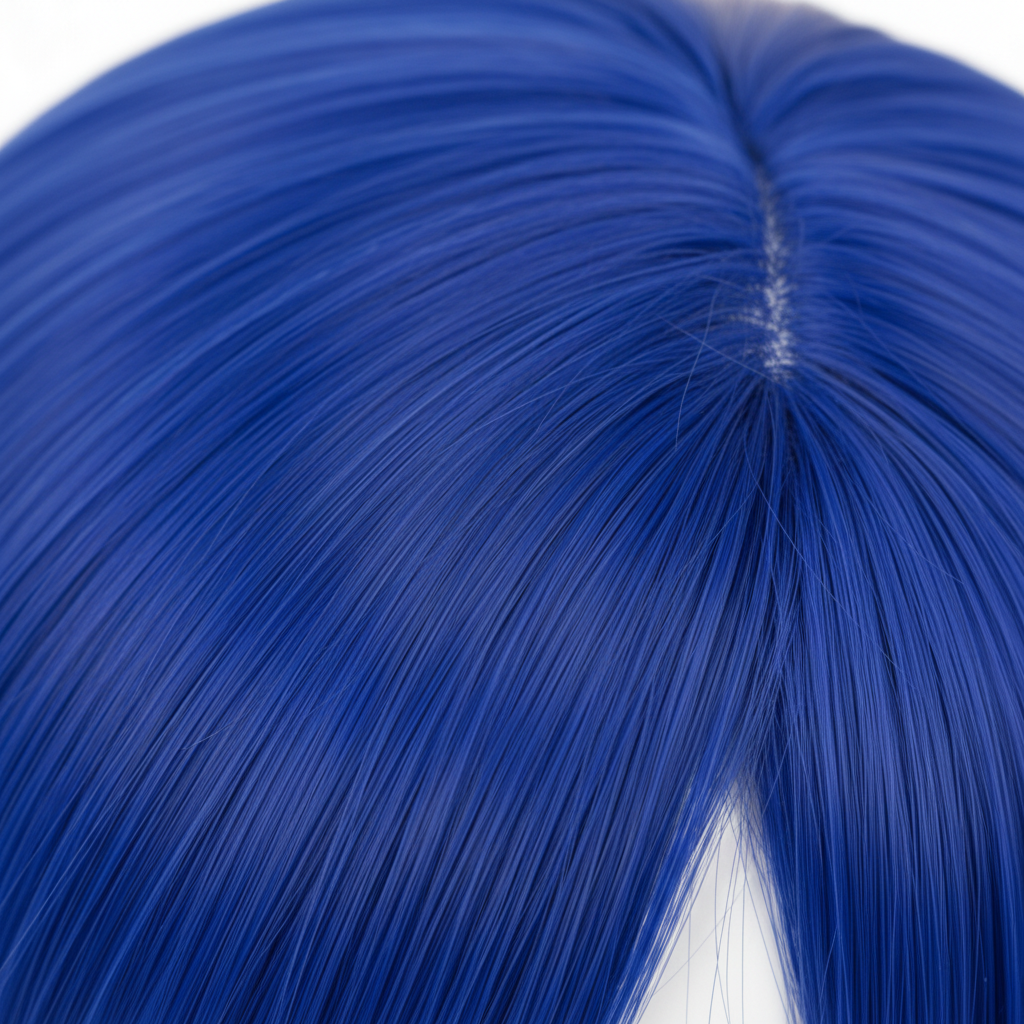 Close-up of silky cobalt blue synthetic hair fiber texture