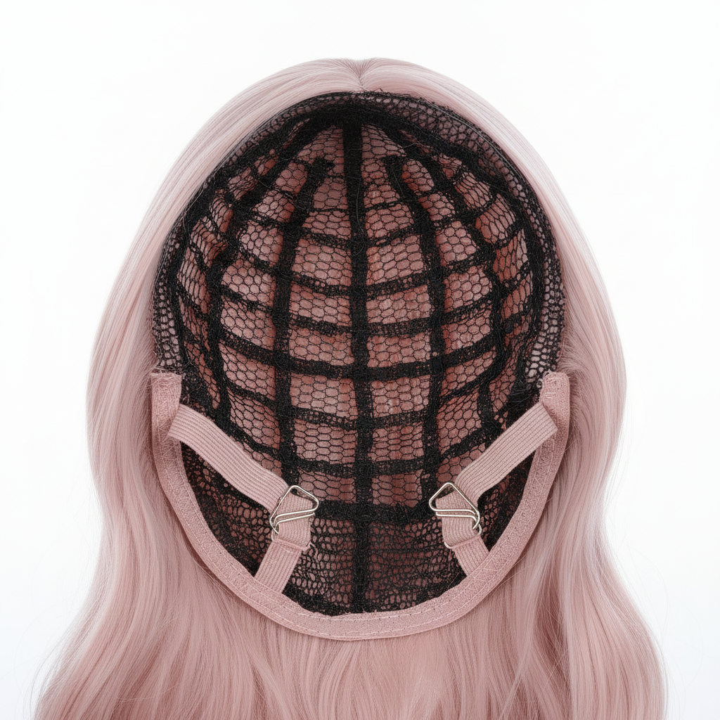 Inside of cosplay wig showing breathable mesh cap and adjustable straps
