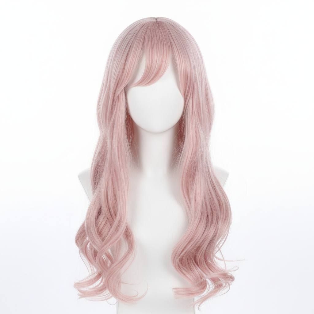 Sakura pink long wavy cosplay wig on white background