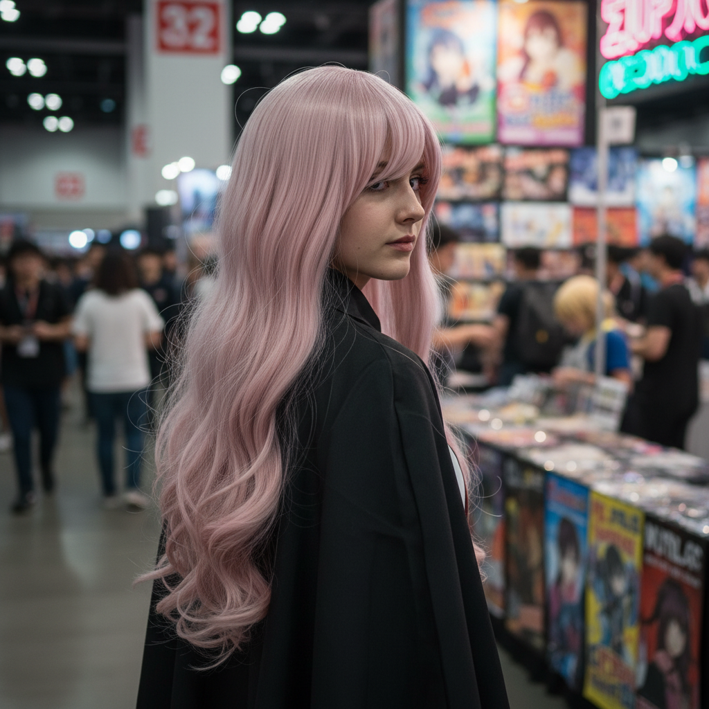 Back view of model wearing sakura pink long wavy cosplay wig