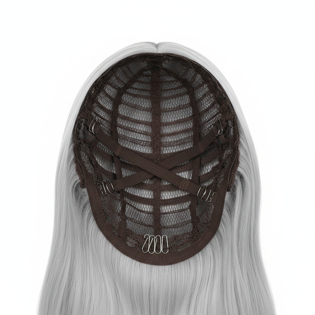 Inside of cosplay wig showing breathable mesh cap and adjustable straps