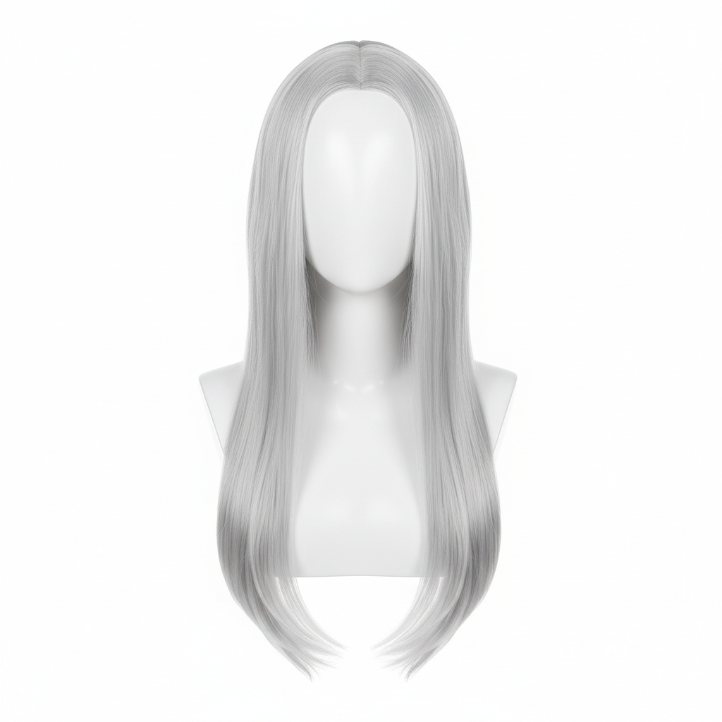 Silver white long straight cosplay wig on white background