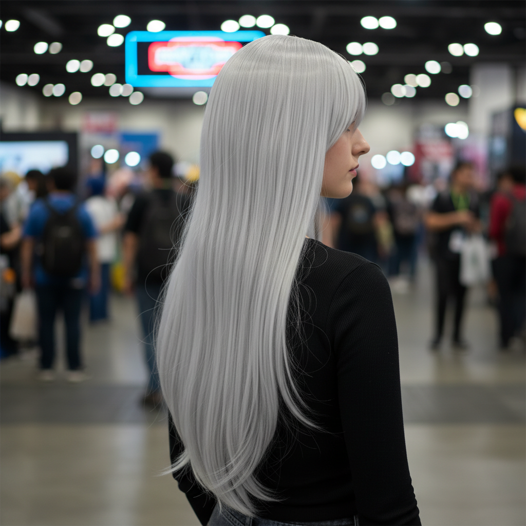 Back view of model wearing silver white long straight cosplay wig