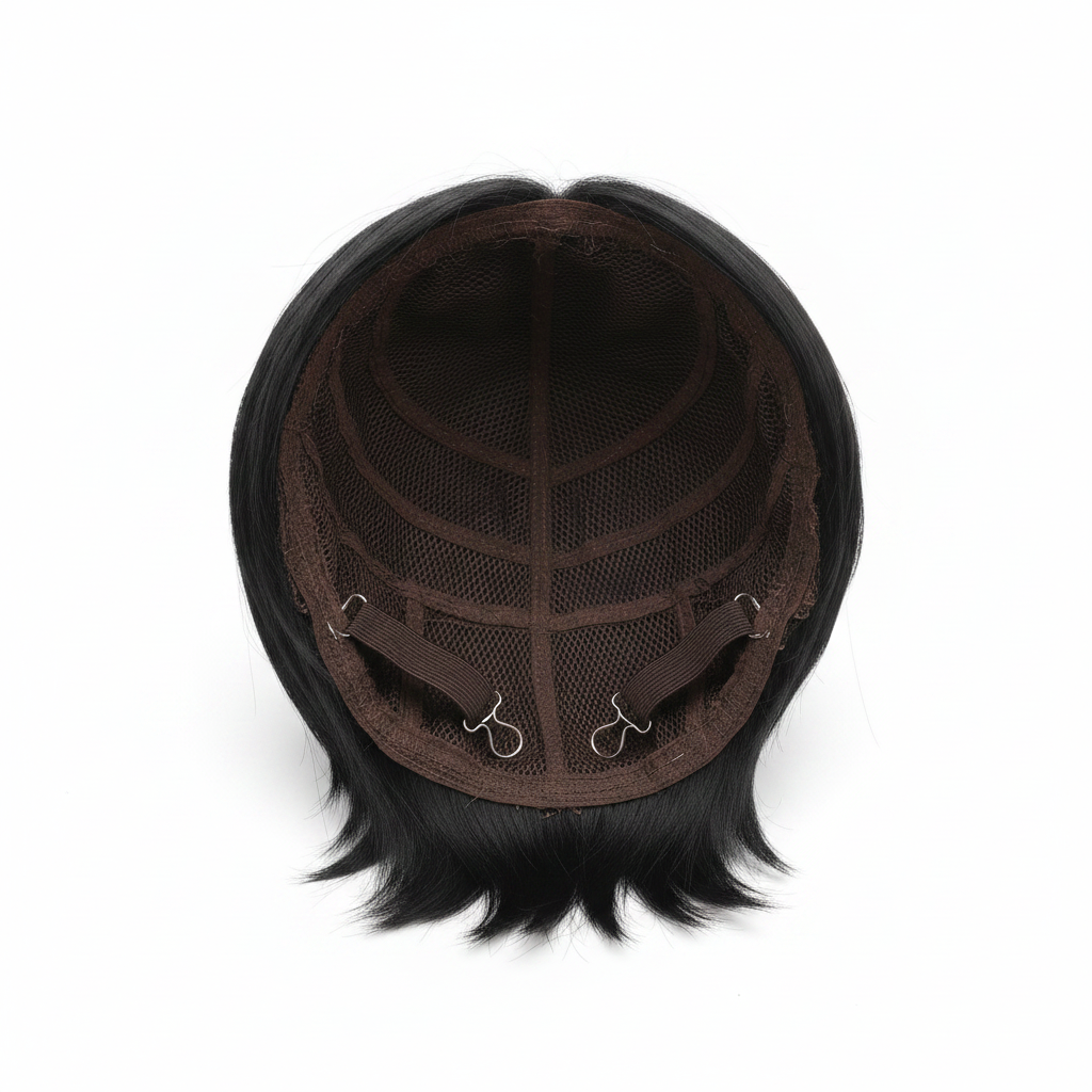 Inside of cosplay wig showing breathable mesh cap and adjustable straps