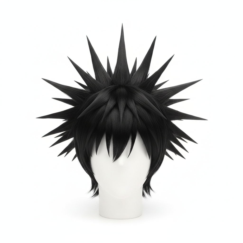 Jet black short spiky cosplay wig on white background