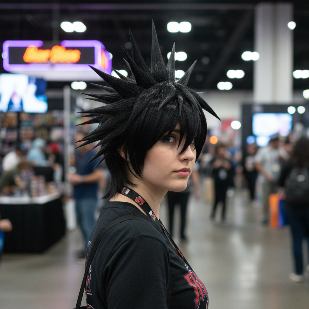 Back view of model wearing jet black short spiky cosplay wig