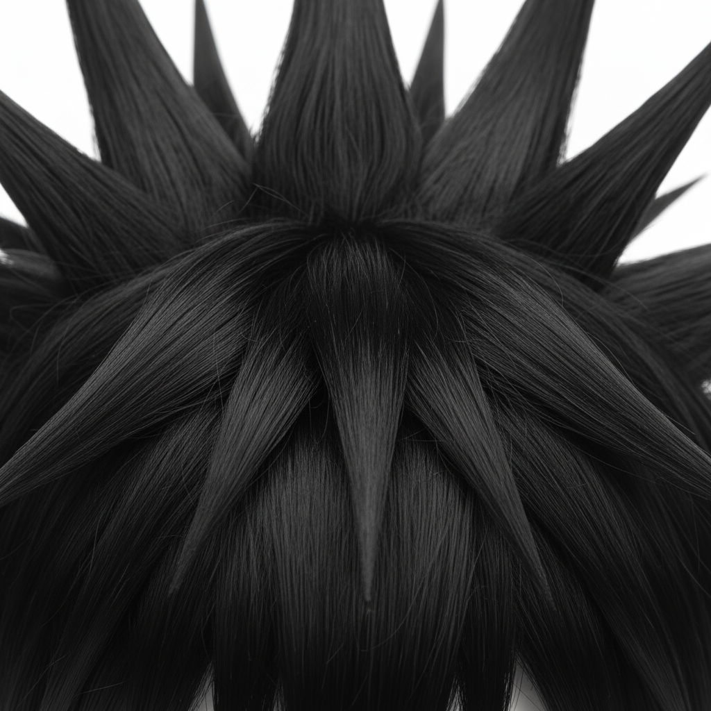 Close-up of jet black spiky synthetic hair fiber texture