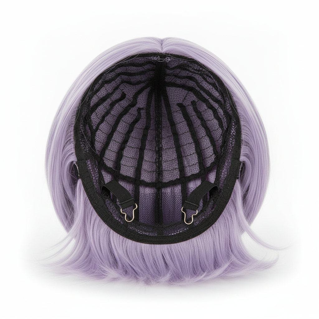 Inside of cosplay wig showing breathable mesh cap and adjustable straps