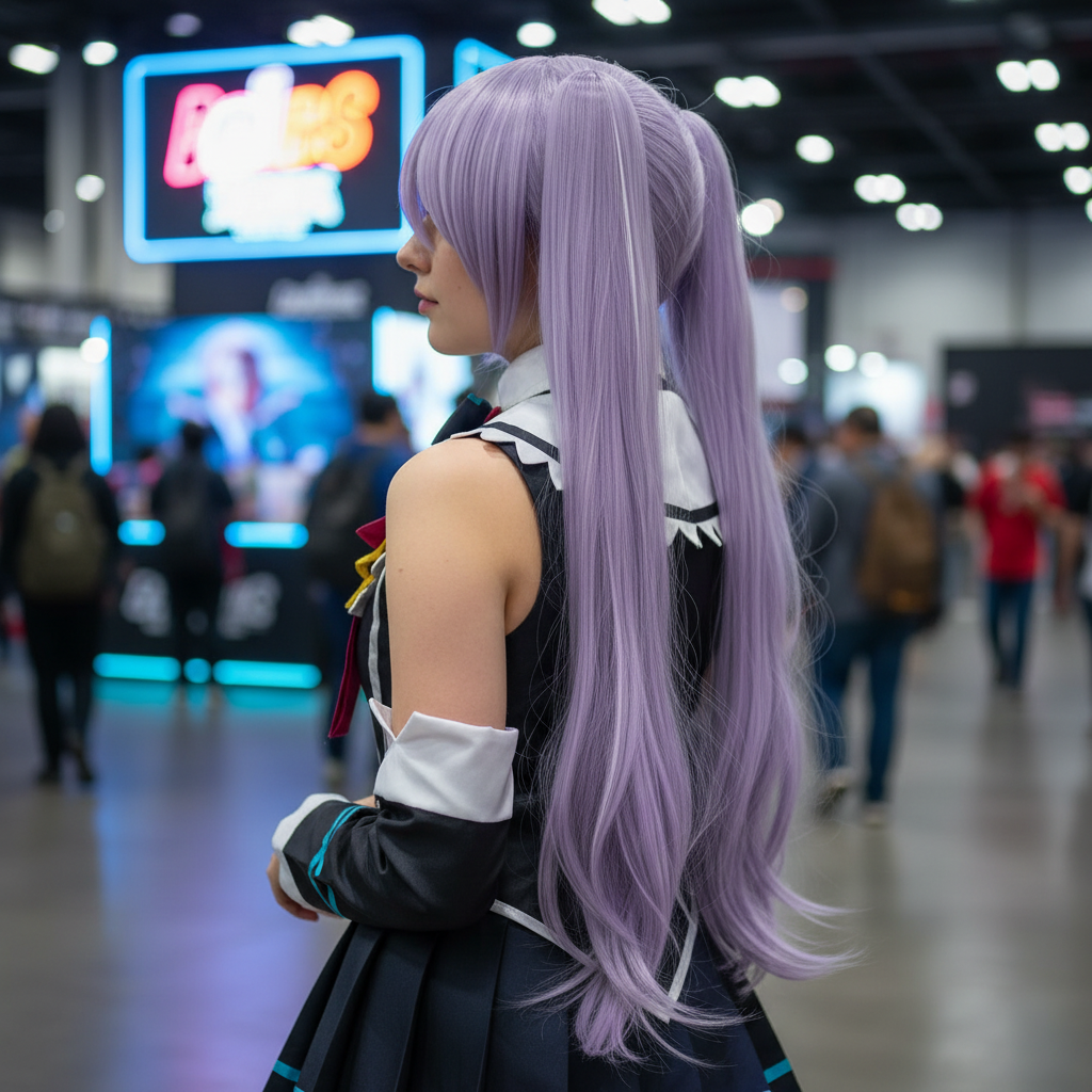 Back view of model wearing lavender twin-tail cosplay wig