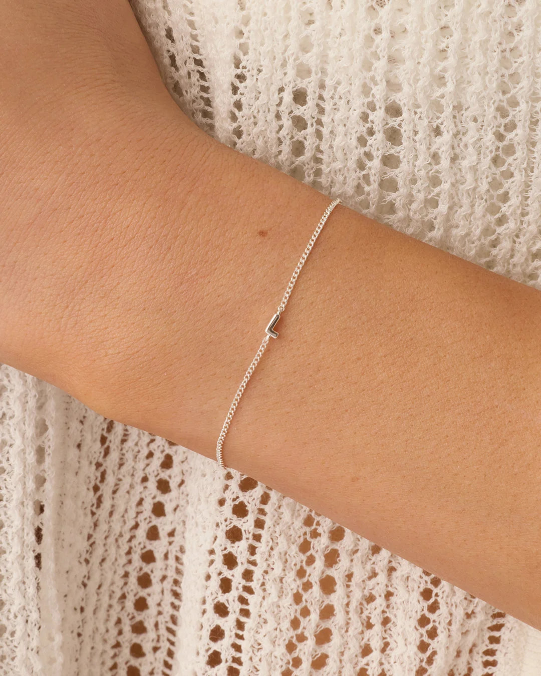Wilder Mini Alphabet Bracelet - L worn in Silver Plated