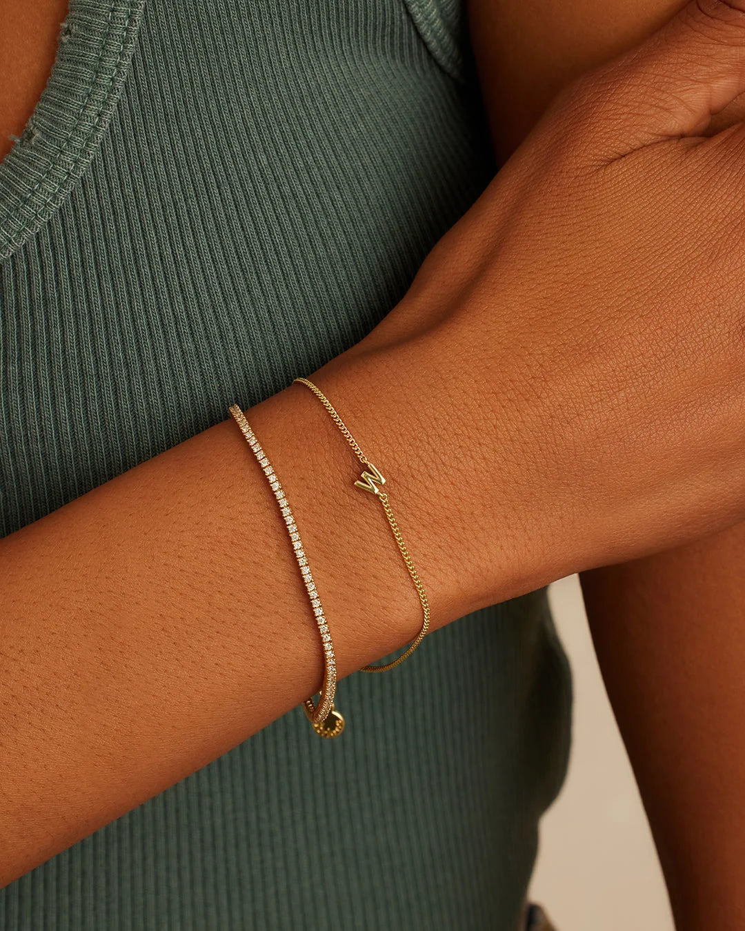 Wilder Mini Alphabet Bracelet - W worn in 18K Gold Plated